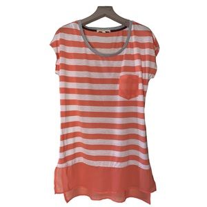 Rewind peach crewneck/short sleeve/pinstripe 1 pocket/lace at bottom shirt